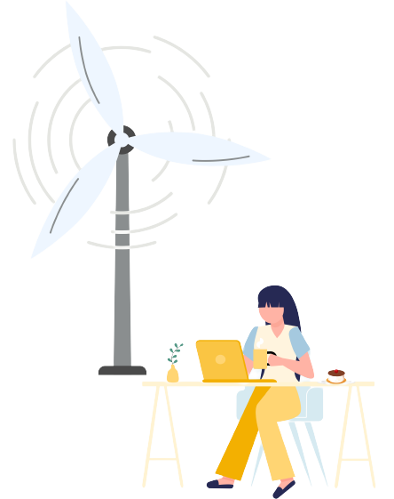 Woman sitting at desk working on her laptop, in the background a wind turbine.