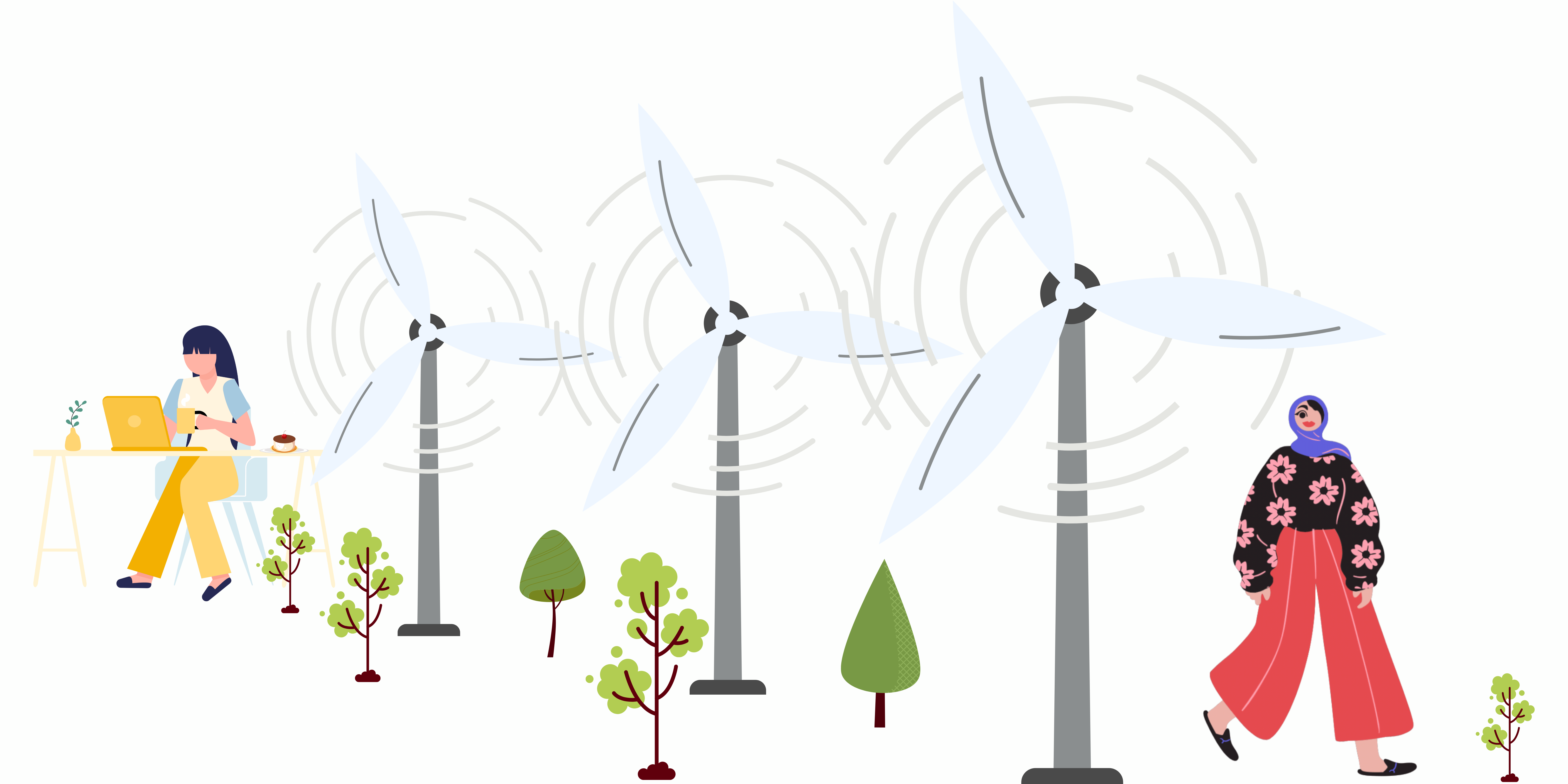 Woman sitting at a desk with a laptop and women walking surrounded by wind turbines and trees